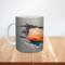 3D faux-hole sunset ceramic mug personalized. Faux-hole effect revealing golden sky on mug. Custom name sunset coffee cup 11 oz.